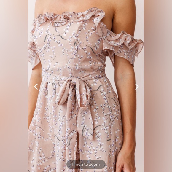 JAZZ BARDOT NECKLINE WIDE LEG SPLIT JUMPSUIT FLORAL PRINT BLUSH OFF-SHOULDERS - Picture 4 of 13